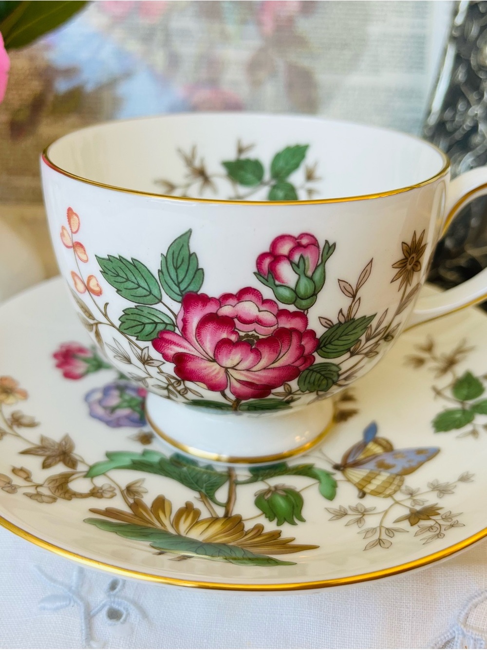 Wedgwood Charnwood Teacup & Saucer with Pink Floral Butterfly and Gold Trim